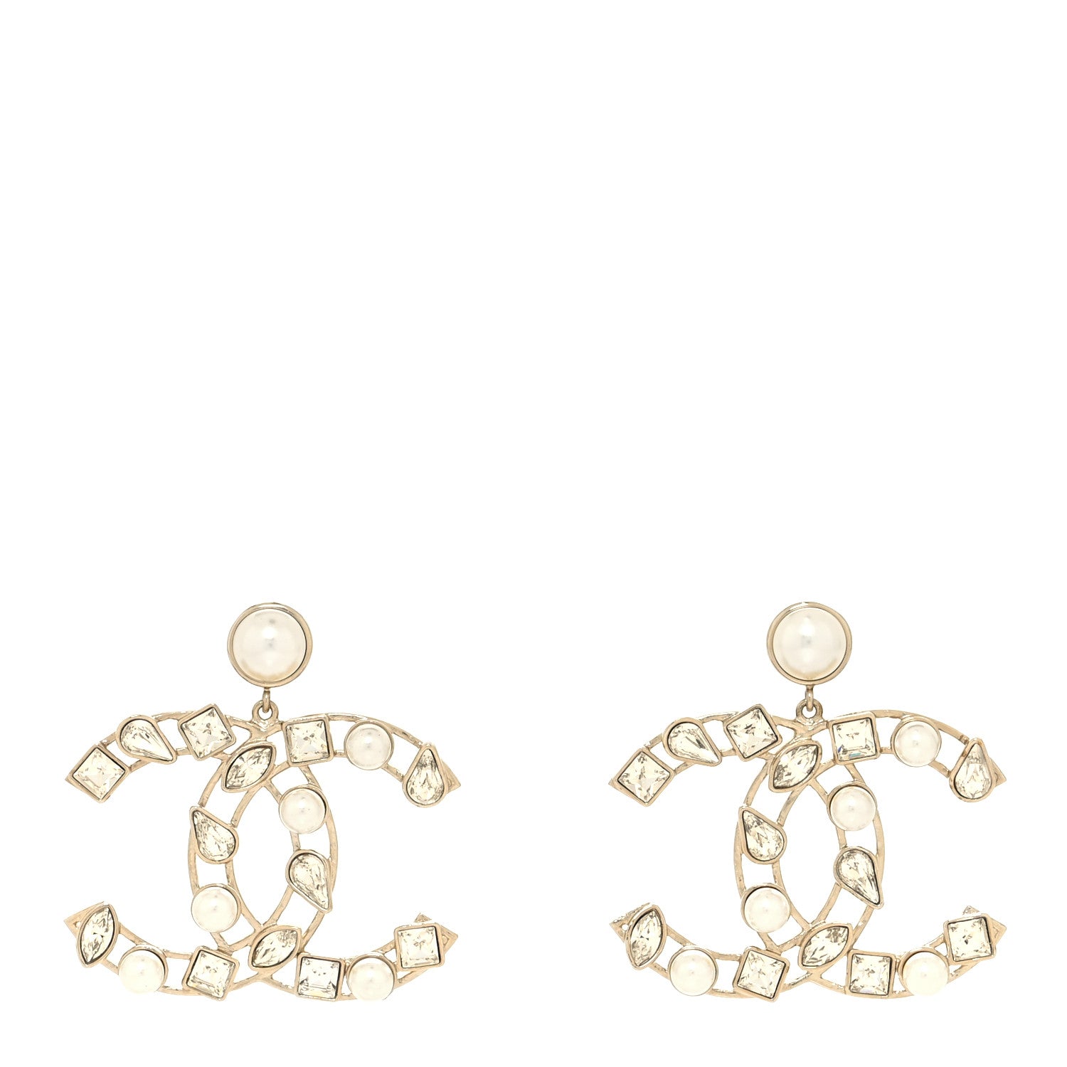 Chanel Metal Glass Pearl CC Crystal Snowfall CC Drop Earrings Light Gold 1 of 4