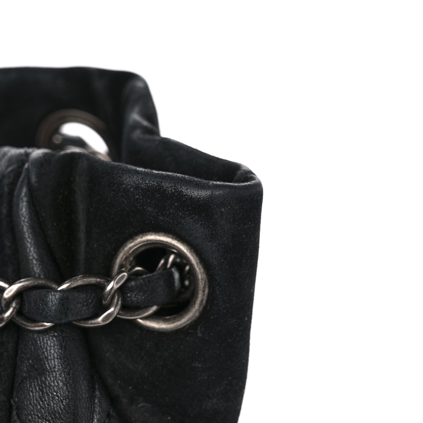 Goatskin Suede Calfskin Quilted Patchwork Drawstring Bag Black