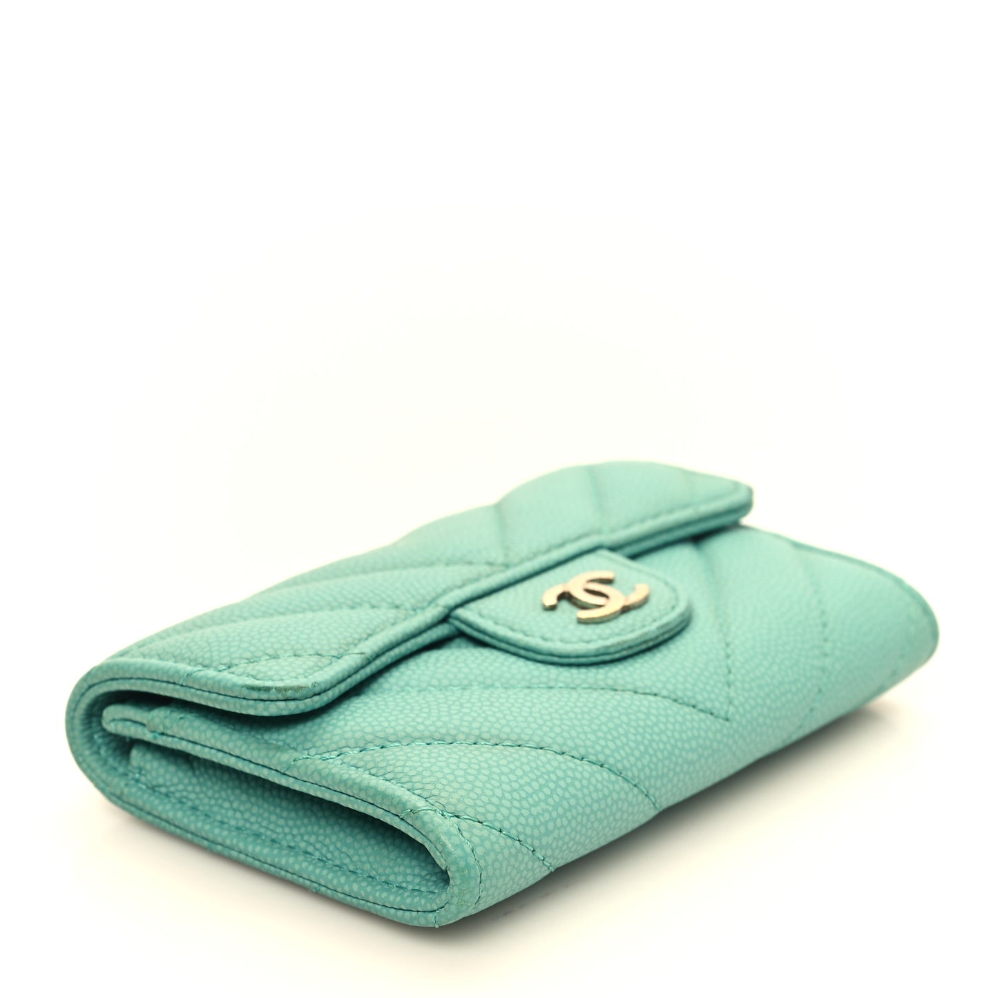 Caviar Flat Chevron Quilted Flap Card Holder Green
