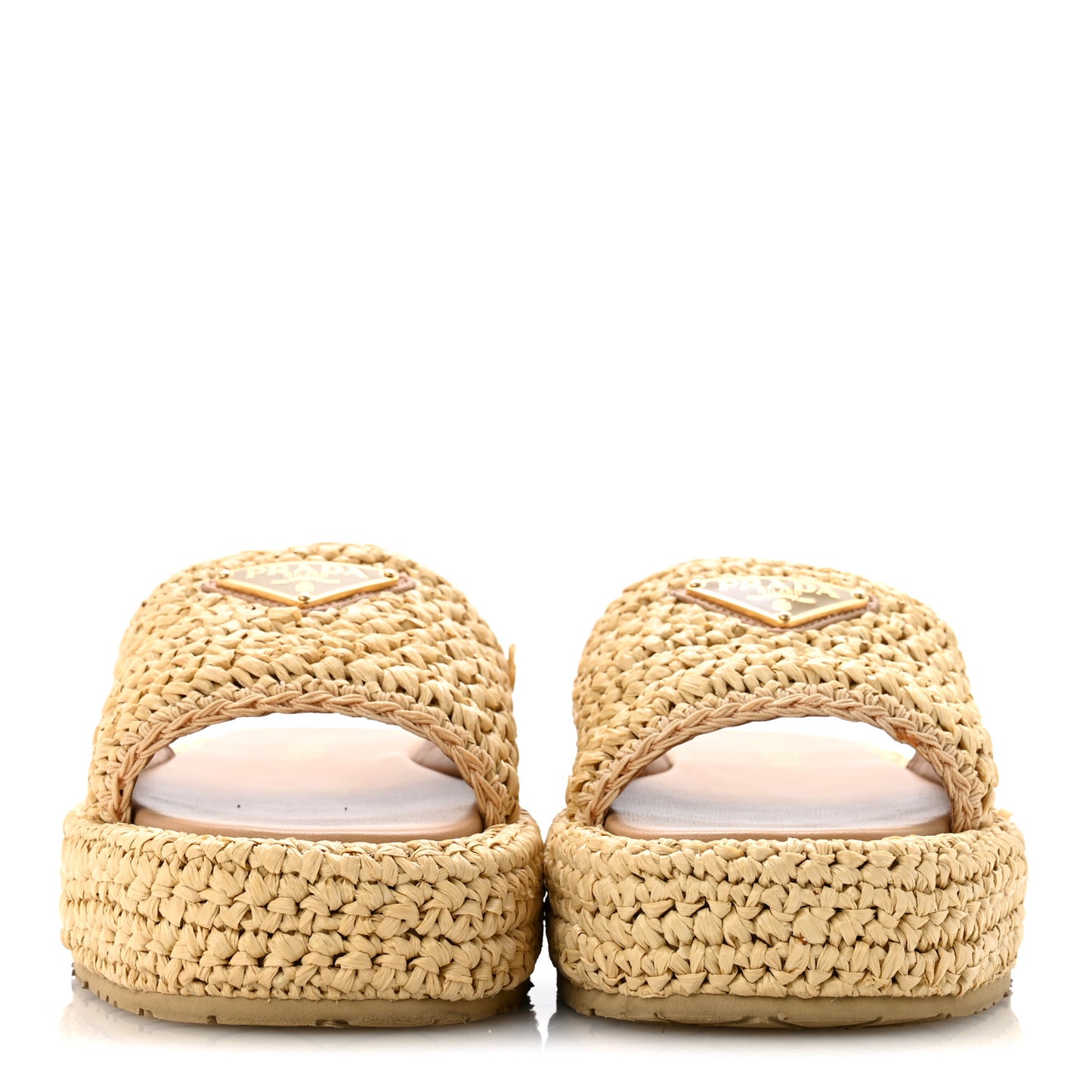 Raffia Metal Triangle Logo Woven Flatform 35mm Slide Sandals 36 Naturale