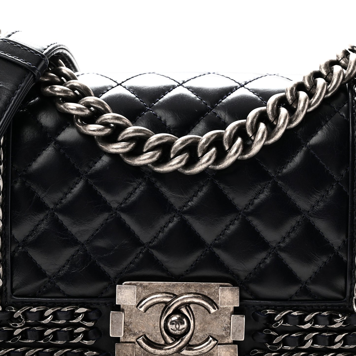 Glazed Calfskin Quilted Small Boy Chained Flap Navy