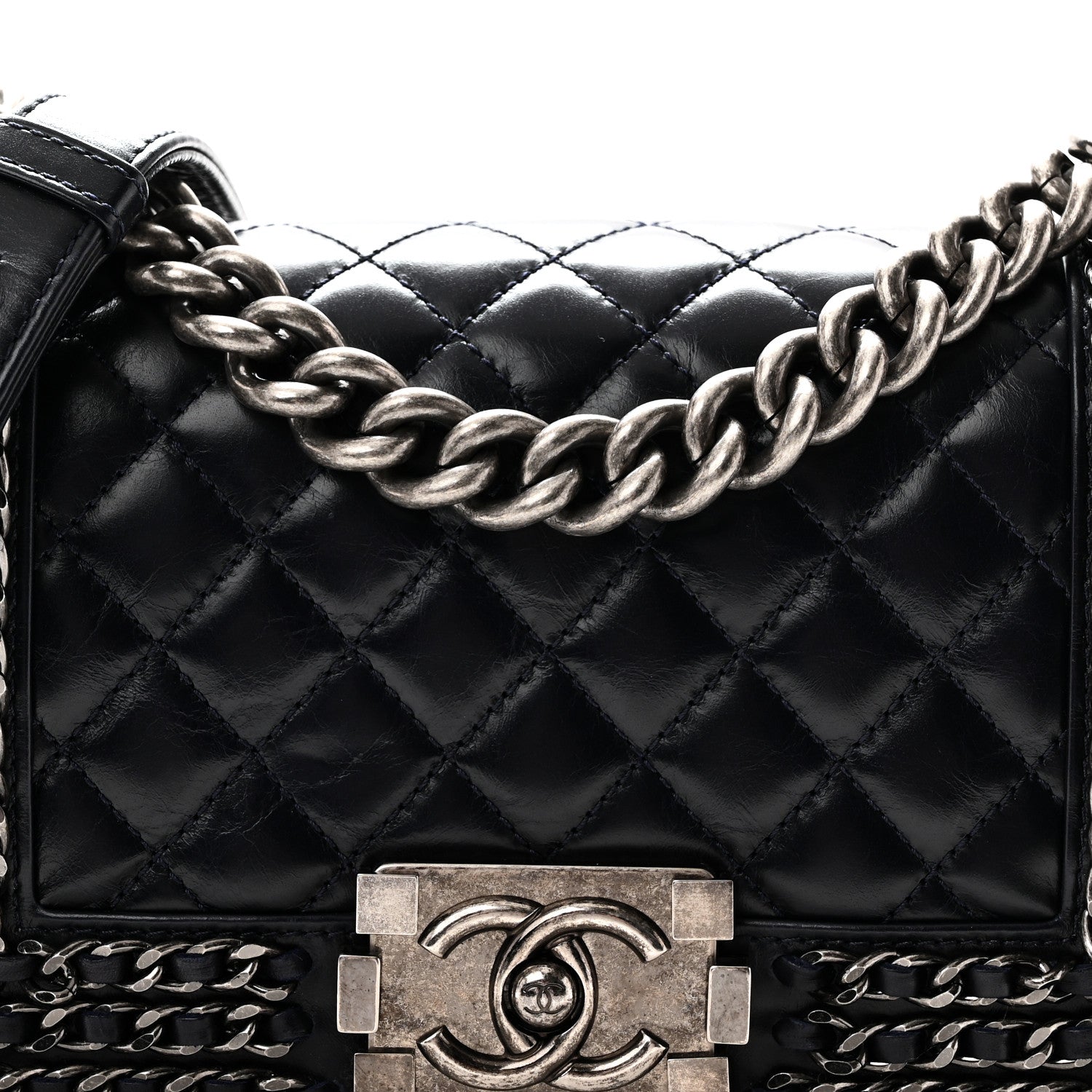 Chanel Glazed Calfskin Quilted Small Boy Chained Flap Navy 8 of 10