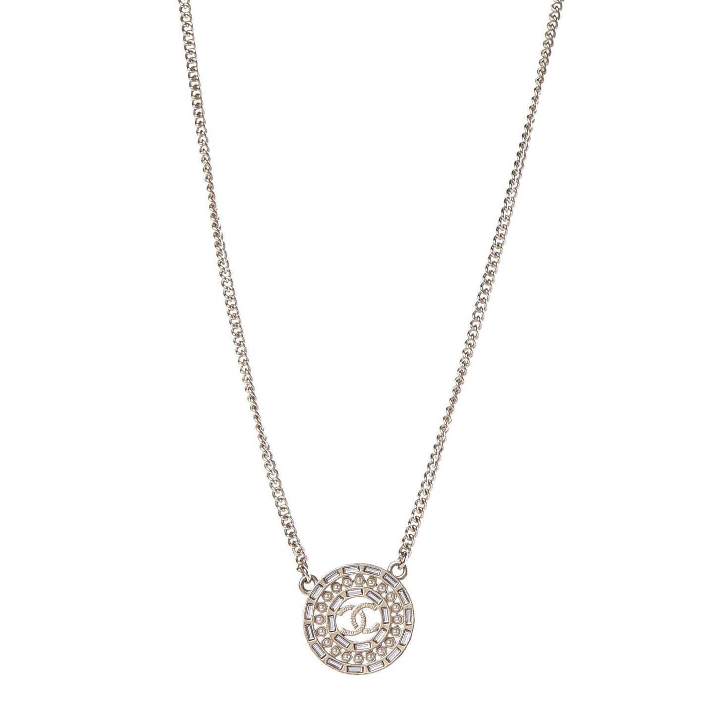Pearl Baguette Crystal CC Medallion Necklace Gold
