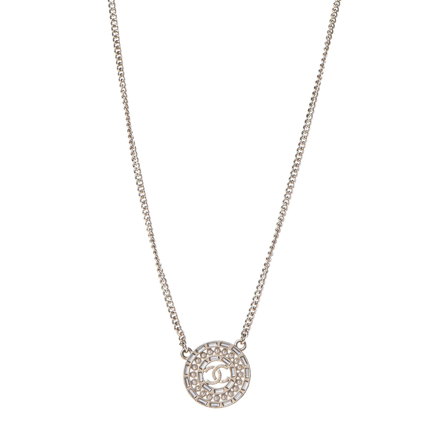 Chanel Pearl Baguette Crystal CC Medallion Necklace Gold 1 of 6