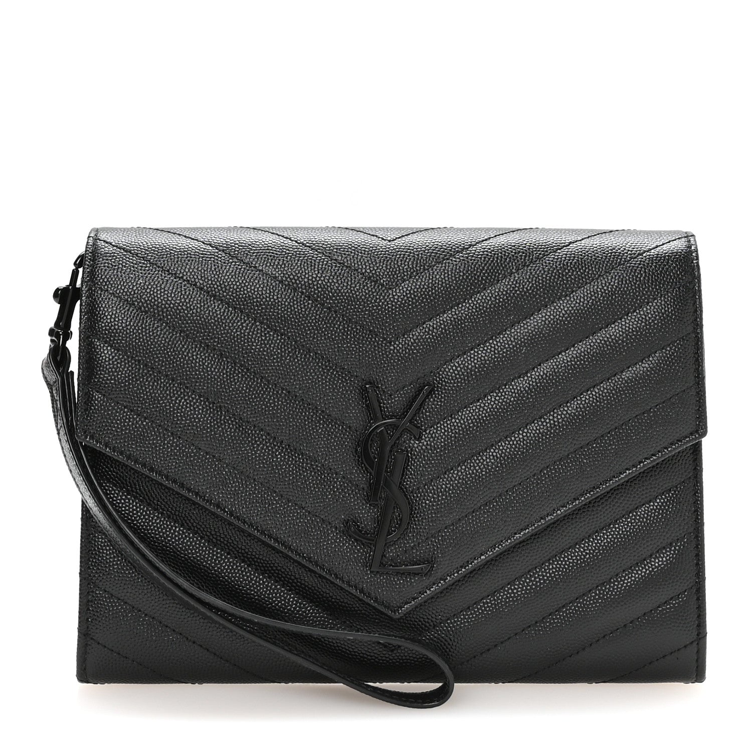 Saint Laurent Grain De Poudre Matelasse Chevron Monogram Monochrome Envelope Clutch Black 1 of 8