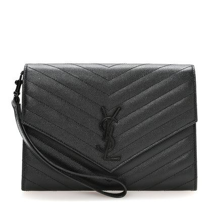 Saint Laurent Grain De Poudre Matelasse Chevron Monogram Monochrome Envelope Clutch Black 1 of 8