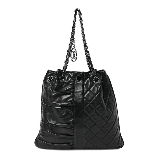 Lambskin Quilted Pile Ou Face Drawstring Bag Black