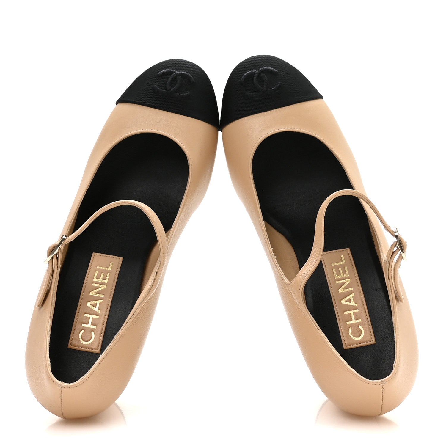 Chanel Lambskin Cap Toe Mary Jane Mid Heel Strap Pumps 38 Beige