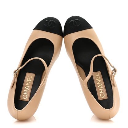 Chanel Lambskin Cap Toe Mary Jane Mid Heel Strap Pumps 38 Beige Black 2 of 7