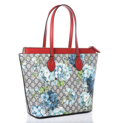 Gucci GG Supreme Monogram Blooms Medium Zippered Bucket Tote Beige Blue Navy Hibiscus Red 3 of 10