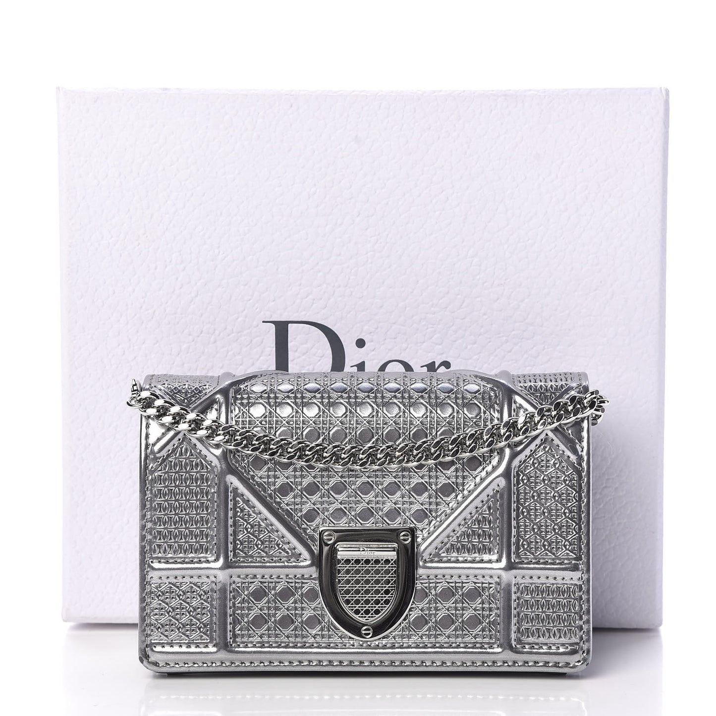 Metallic Patent Micro-Cannage Baby Diorama Flap Bag Silver
