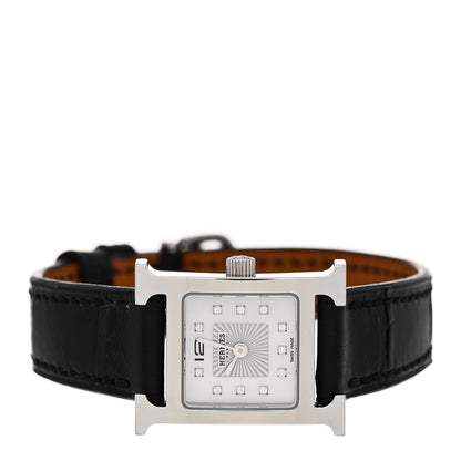 Hermes Stainless Steel Alligator Diamond Mother of Pearl 17.2mm Heure H Hour Quartz Watch Noir 2 of 5