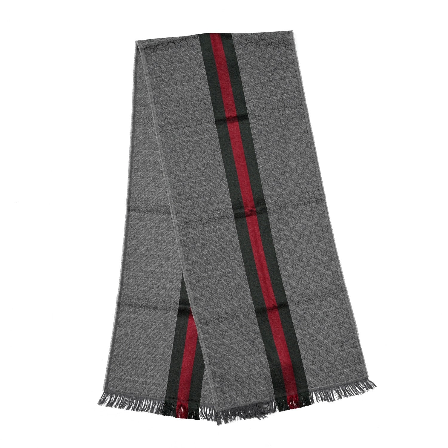 Gucci Wool Silk GG Monogram Web Verbiere Fringe Scarf Graphite Dark Green 2 of 5