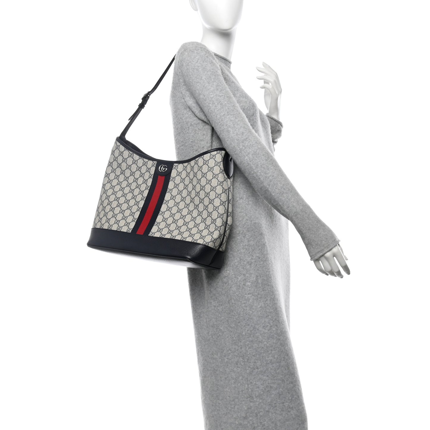 GG Supreme Monogram Web Large Ophidia Shoulder Bag Beige Navy