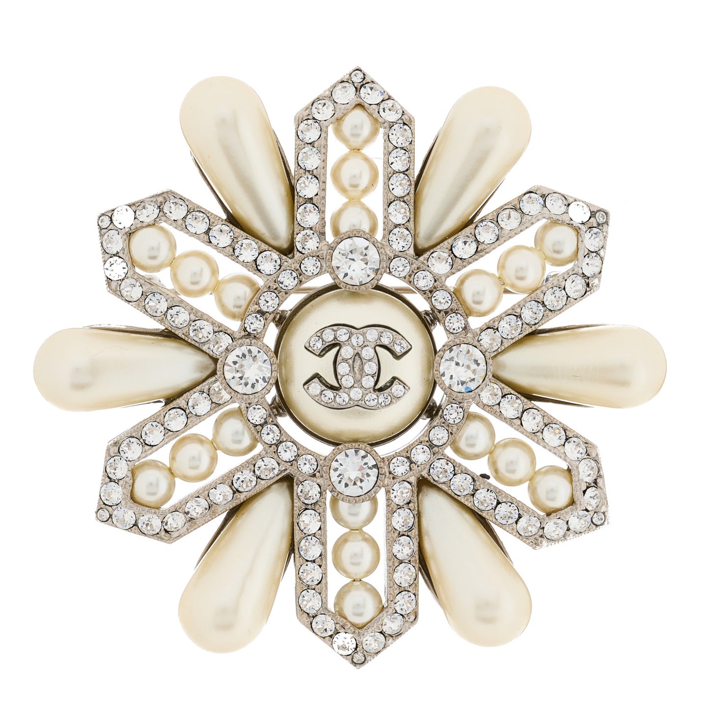 Pearl Crystal CC Brooch Pearly White Gold
