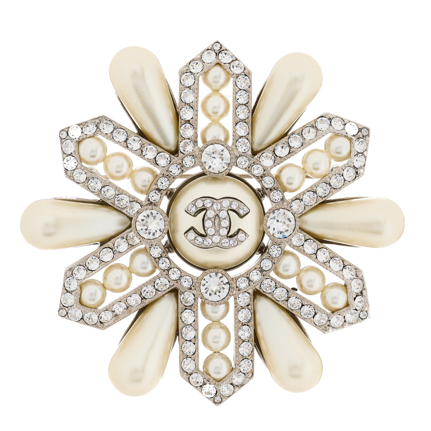 Chanel Pearl Crystal CC Brooch Pearly White Gold 1 of 5