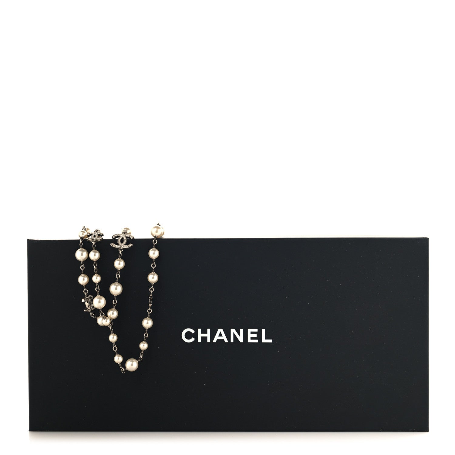 Chanel Crystal Pearl CC Long Necklace Silver 5 of 5