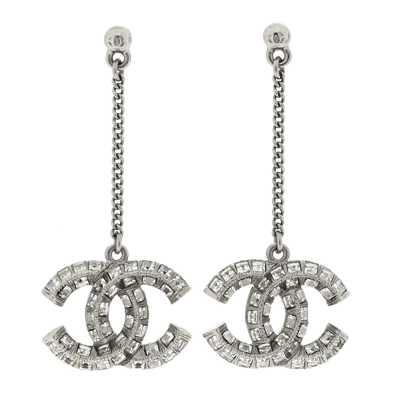 Chanel Crystal Baguette CC Dangle Earrings Silver 1 of 5