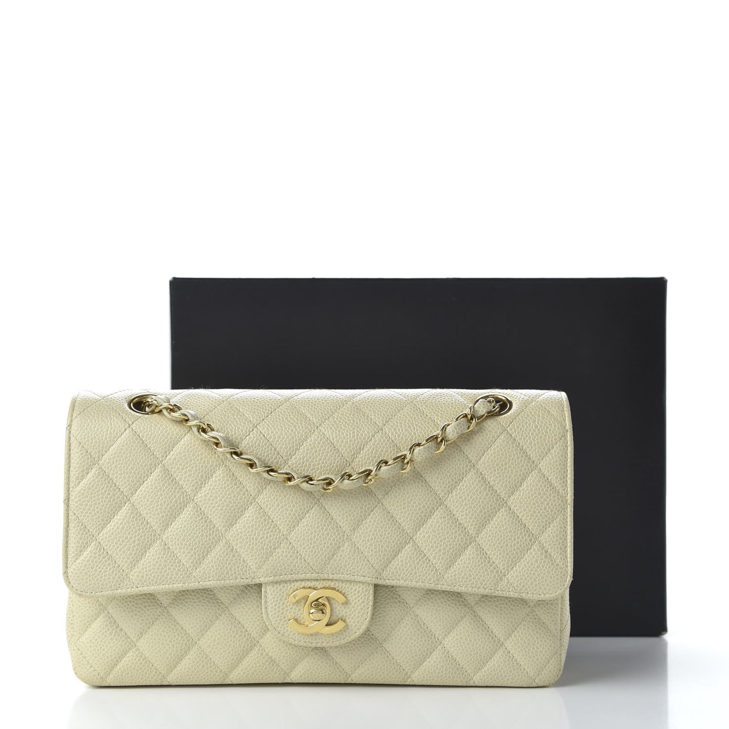 Caviar Quilted Medium Double Flap Dark White
