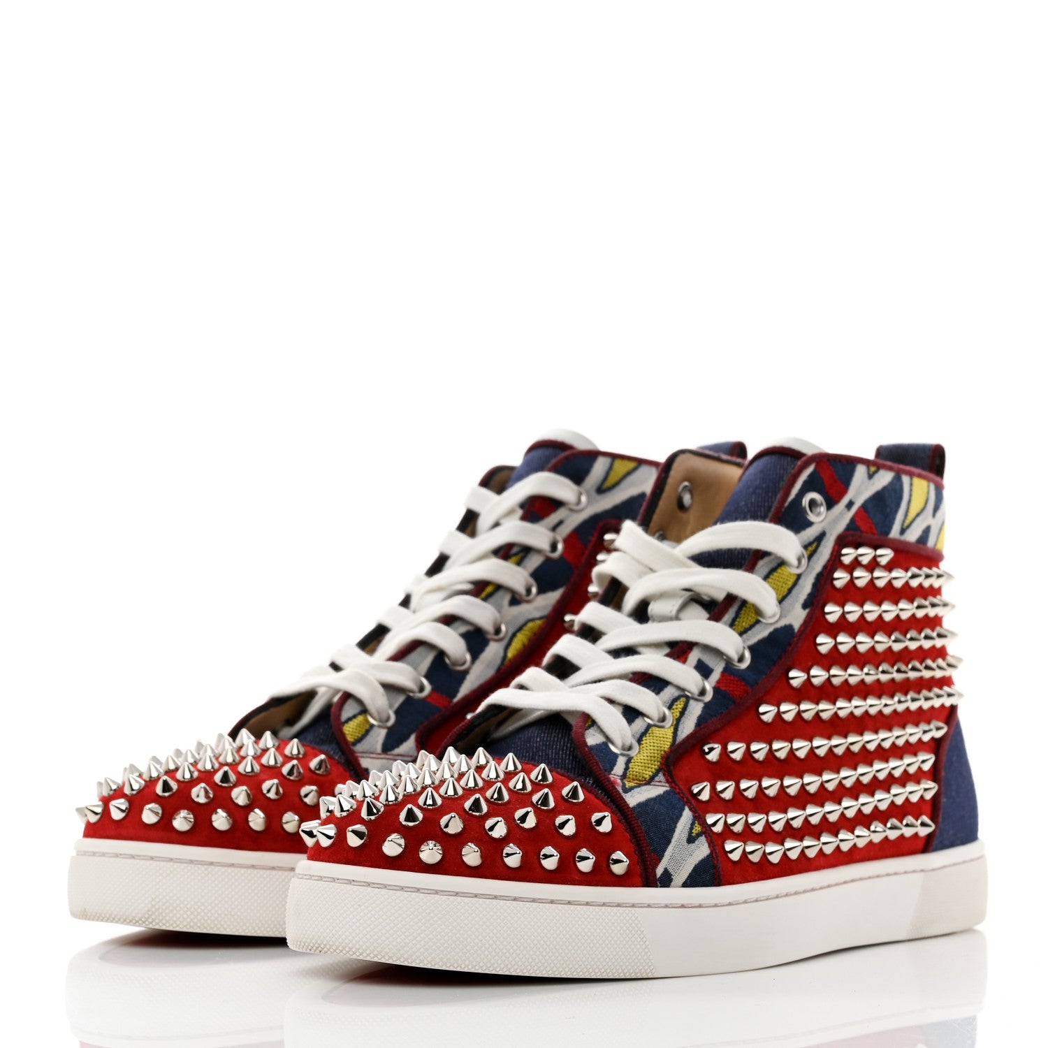 Christian Louboutin Veau Velours Denim Lou Spikes Flat Sneakers 41 Red 3 of 9