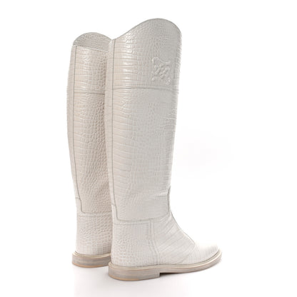 Fendi Calfskin Crocodile Embossed Karligraphy Logo Riding Boots 38 White 4 of 7