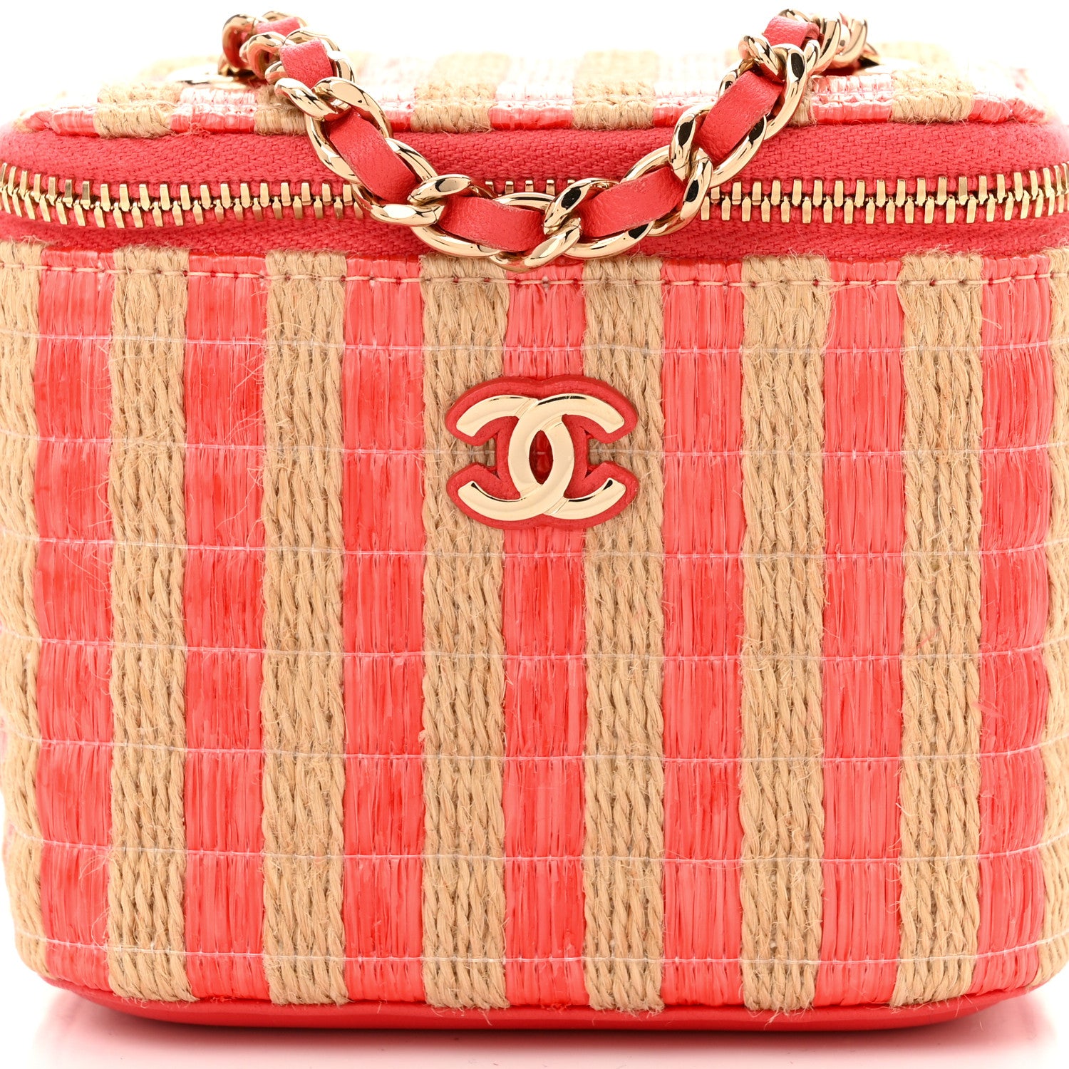 Chanel Raffia Jute Striped Mini Vanity Case With Chain Red Beige 8 of 10