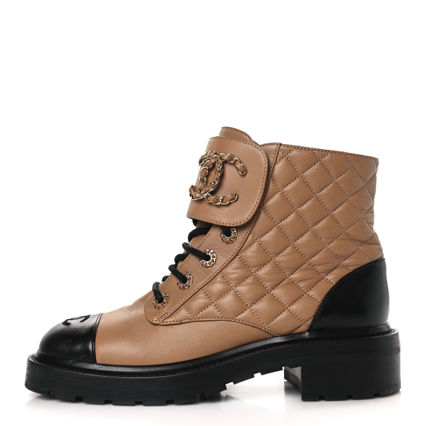 Lambskin Calfskin Quilted Lace Up Combat Boots 39 Light Brown Black