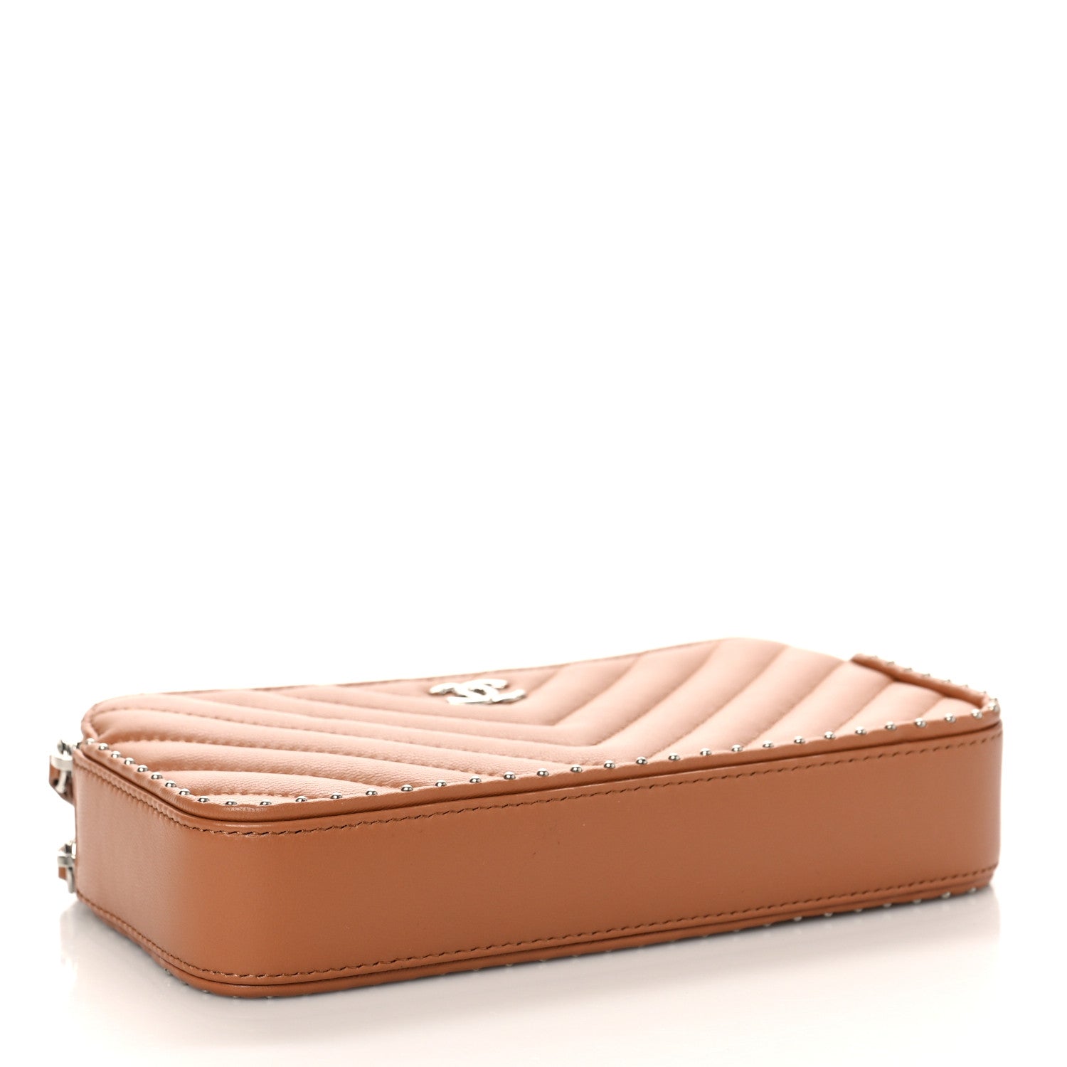 Chanel Lambskin Chevron Quilted Studded Small Clutch With Chain Beige 4 of 10