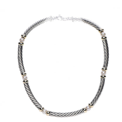 David Yurman Sterling Silver 14K Yellow Gold Pearl Hampton Cable Choker Necklace 3 of 7