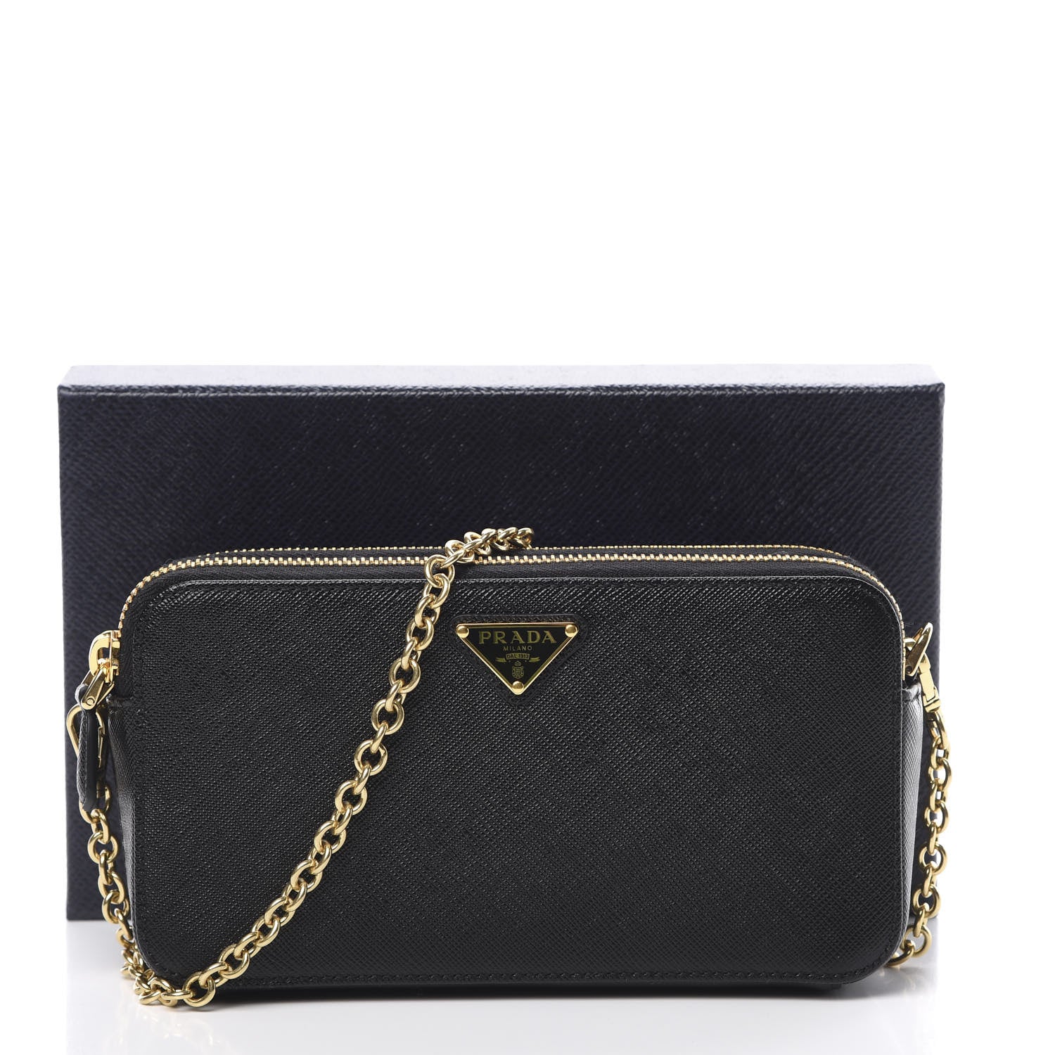 Prada Saffiano Lux Mini Double Zip Chain Crossbody Bag Black 12 of 12