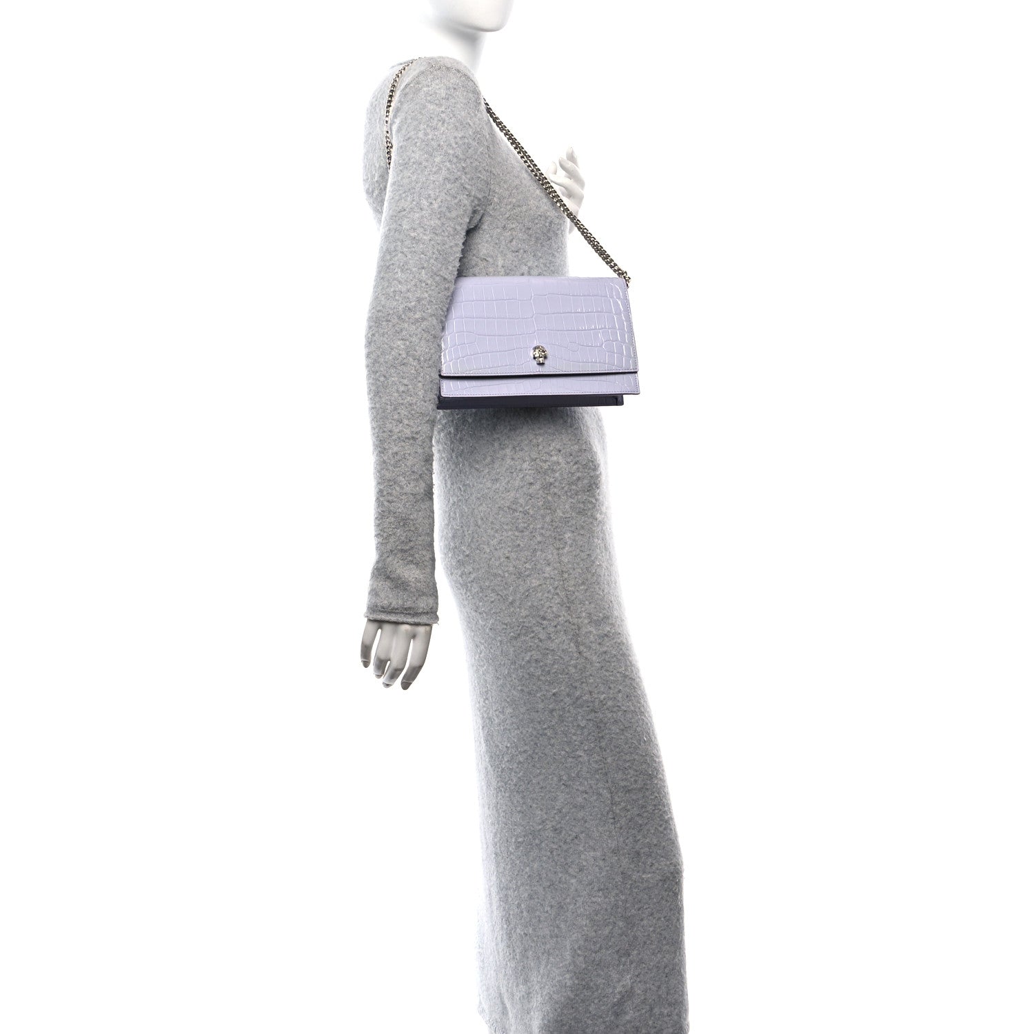 Alexander McQueen Calfskin Crocodile Embossed Skull Medium Shoulder Bag Lavender 2 of 10