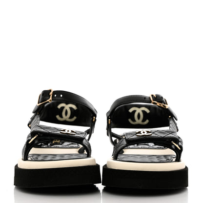 Chanel Lambskin Logo Platform Sandals 37 Black White 2 of 9