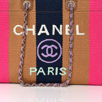 Chanel Straw Raffia Calfskin Striped Large Deauville Tote Dark Beige Fuchsia Navy Blue 7 of 10
