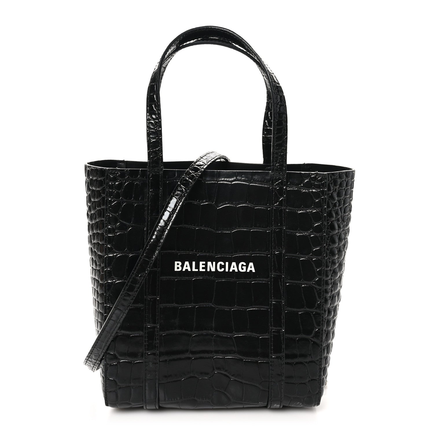 Balenciaga Shiny Calfskin Logo Crocodile Embossed XXS Everyday Tote Black 1 of 9