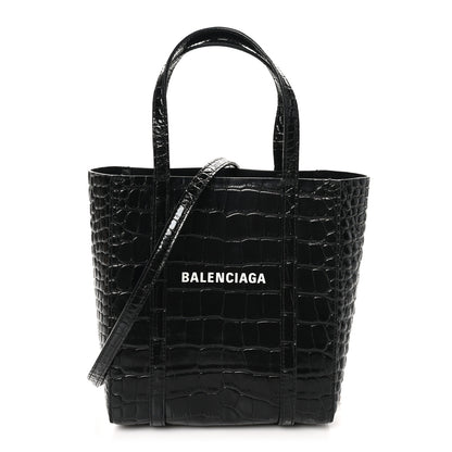 Balenciaga Shiny Calfskin Logo Crocodile Embossed XXS Everyday Tote Black 1 of 9