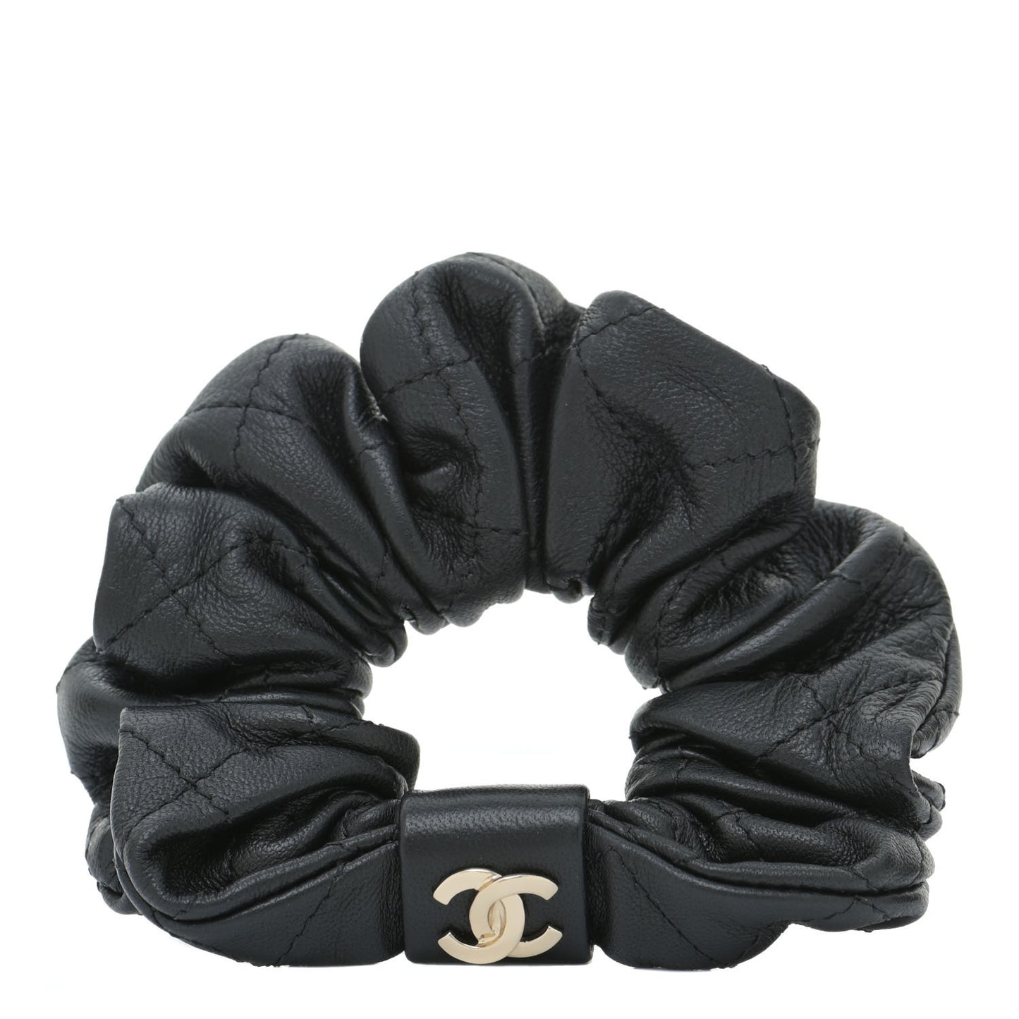 Lambskin Chain CC Hair Scrunchie Black Gold