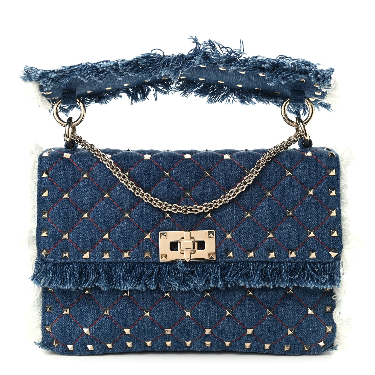 Denim Fringe Medium Rockstud Spike Shoulder Bag Blue
