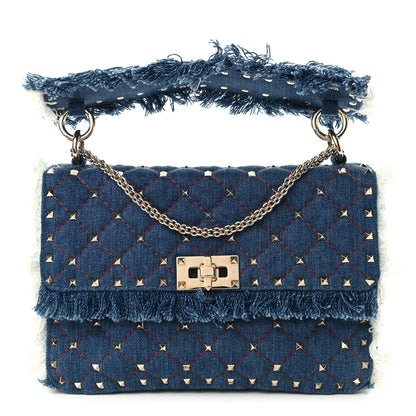 Valentino Garavani Denim Fringe Medium Rockstud Spike Shoulder Bag Blue 1 of 8