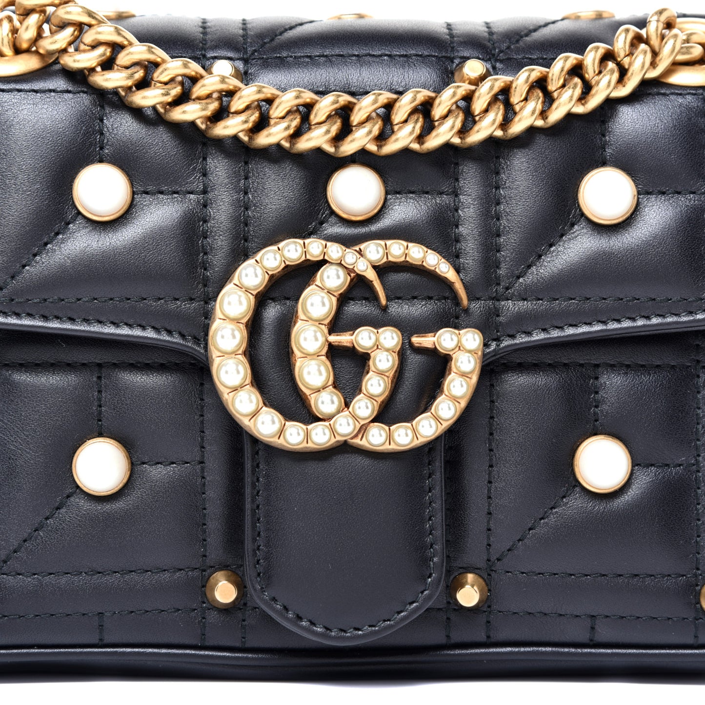 Calfskin Matelasse Studded Mini Pearly GG Marmont Shoulder Bag Black