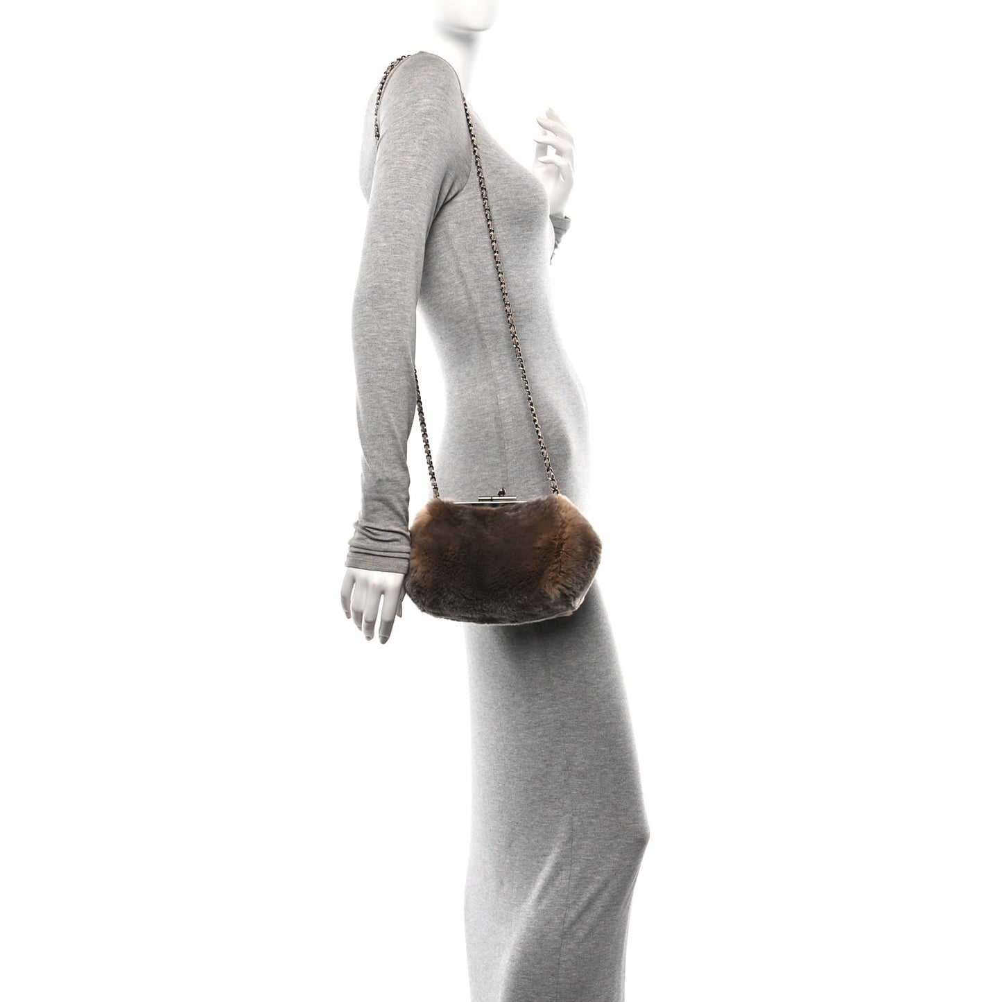 Rabbit Fur Kiss Lock Chain Clutch Brown