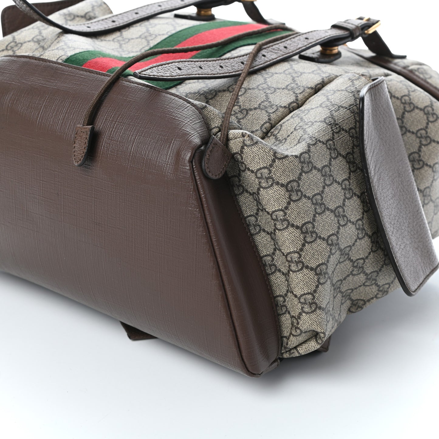 GG Supreme Monogram Medium Ophidia Double Buckle Backpack Brown