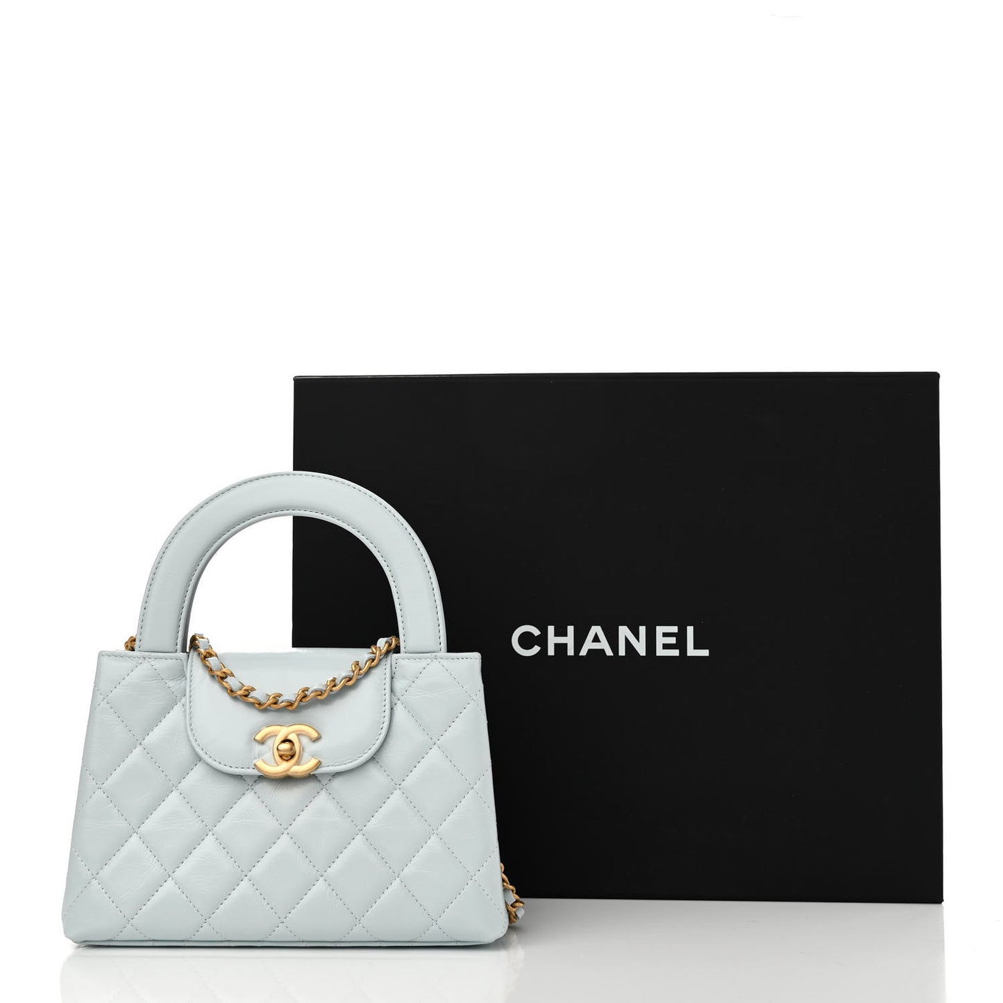 Shiny Aged Calfskin Quilted Nano Kelly Shopper Light Blue