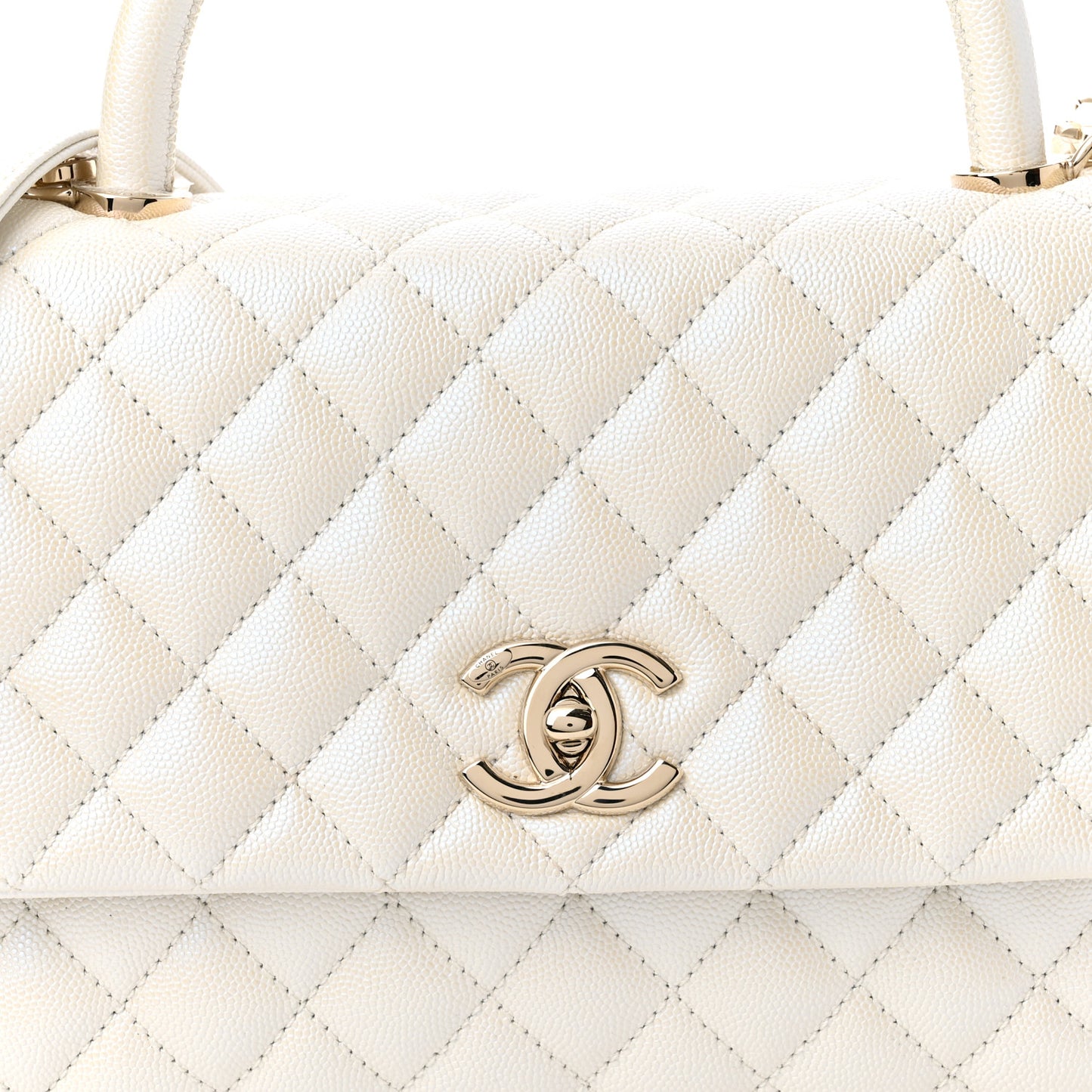 Iridescent Caviar Quilted Small Coco Handle Flap White