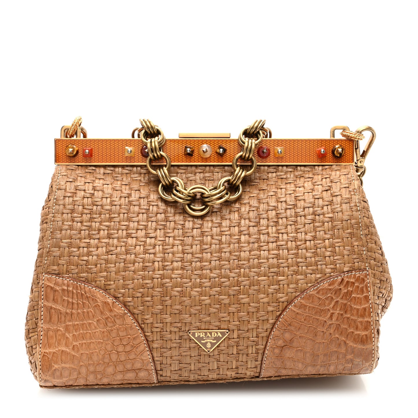 Straw Crocodile Woven Semitracolla Frame Bag Tabacco Orange