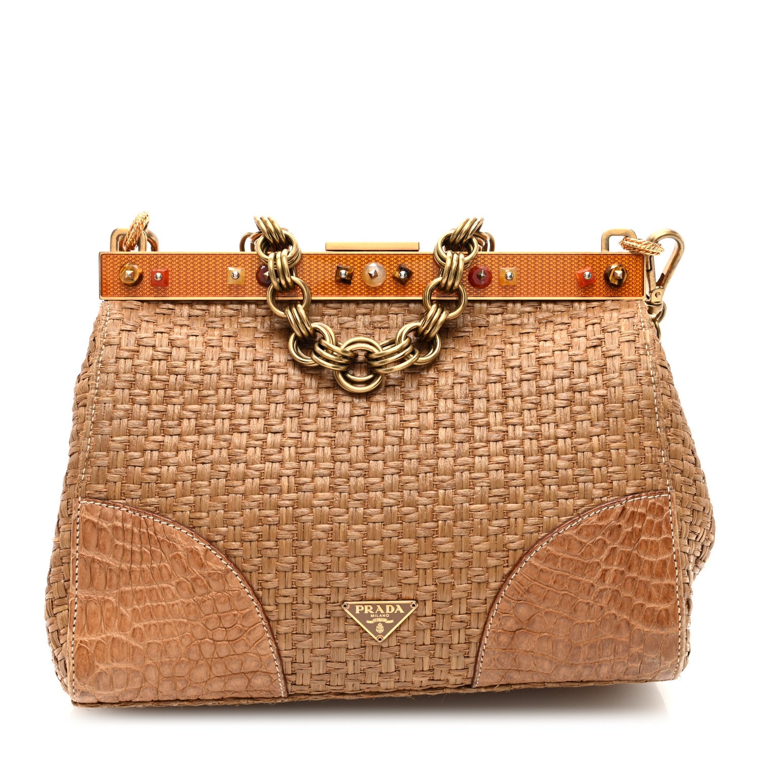 Prada Straw Crocodile Woven Semitracolla Frame Bag Tabacco Orange 1 of 9
