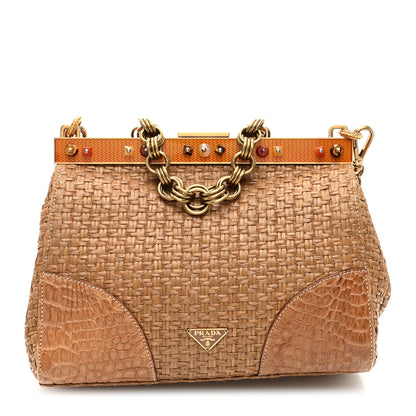Prada Straw Crocodile Woven Semitracolla Frame Bag Tabacco Orange 1 of 9