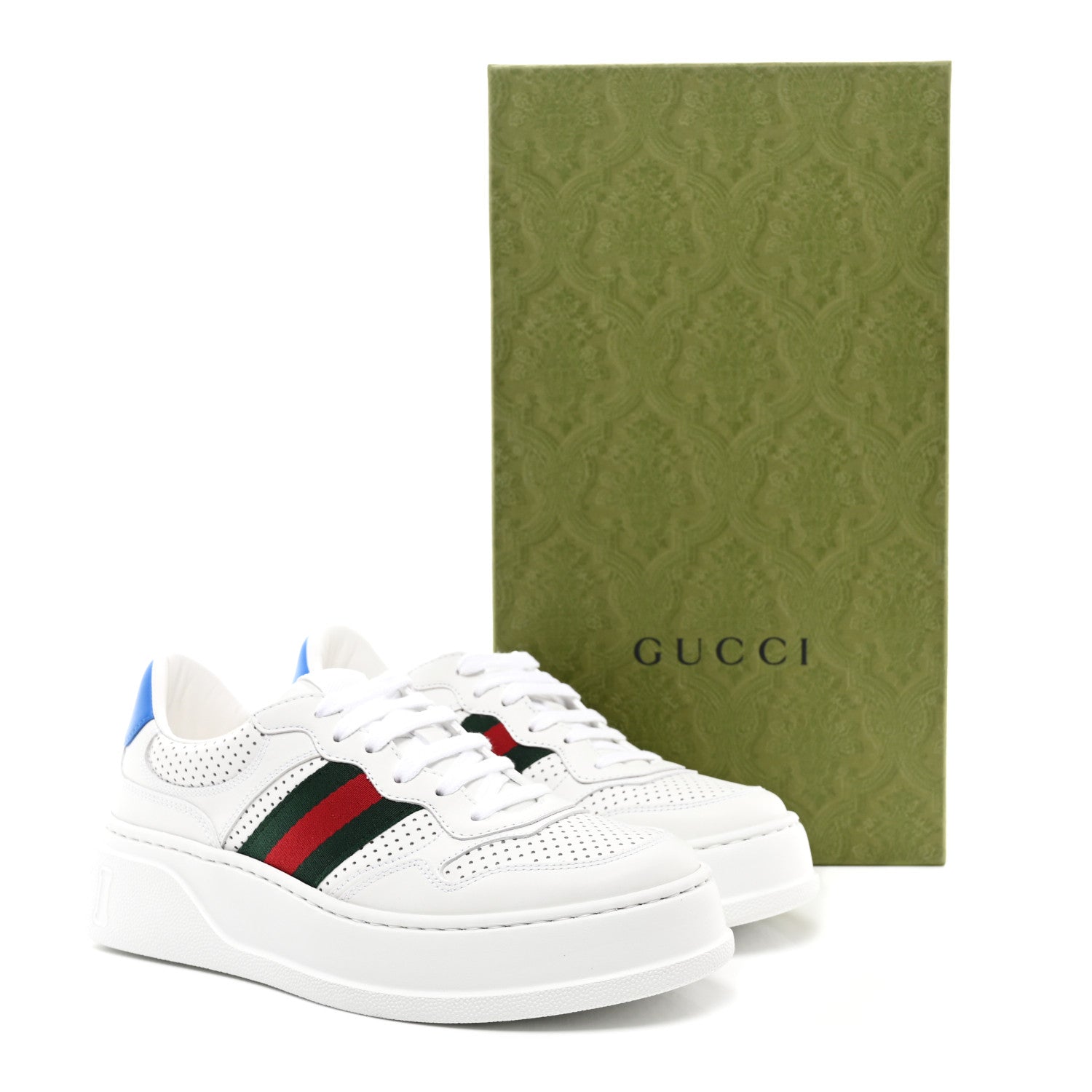 Gucci Calfskin Web Perforated Womens Platform 55mm Sneakers 38.5 White Bright Splash 10 of 10