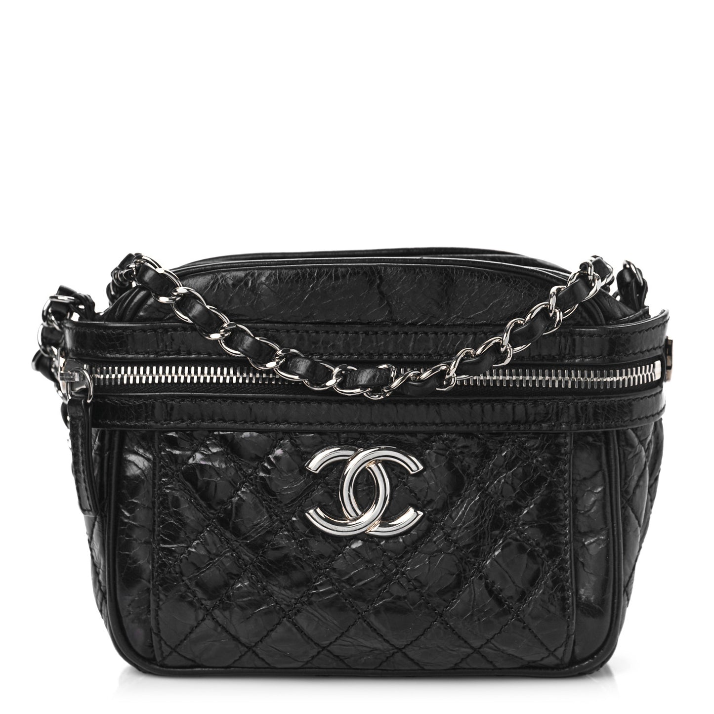 Glazed Crackled Calfskin Quilted CC Crossbody Black