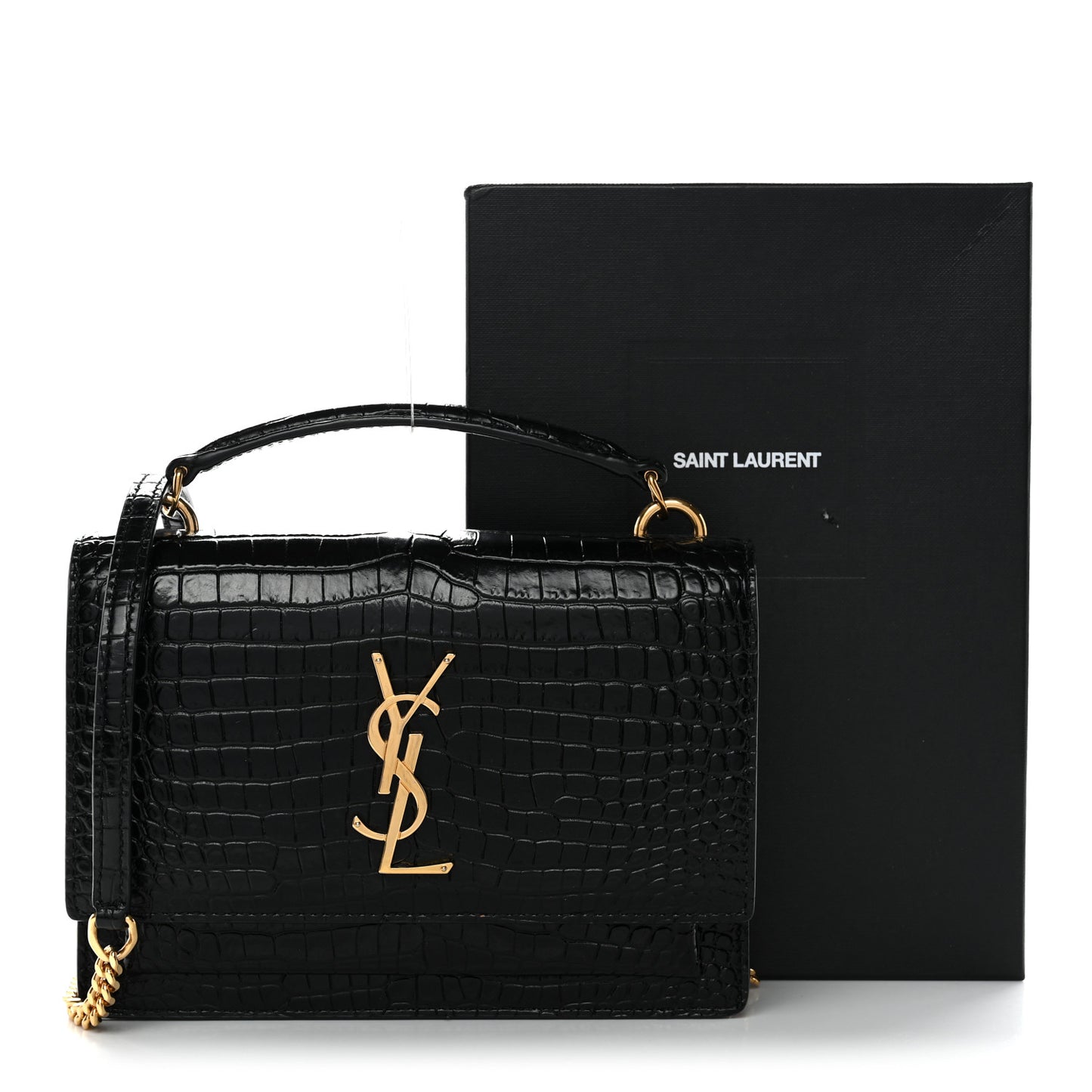 Calfskin Crocodile Embossed Monogram Sunset Top Handle Chain Wallet Black