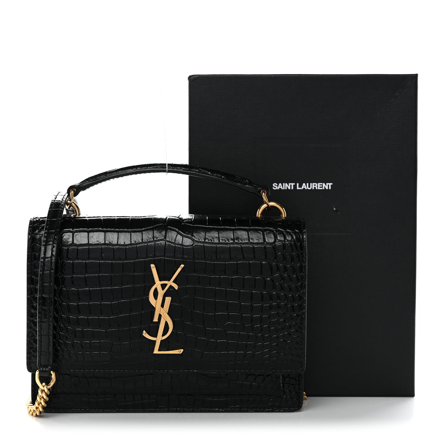 Saint Laurent Calfskin Crocodile Embossed Monogram Sunset Top Handle Chain Wallet Black 11 of 11